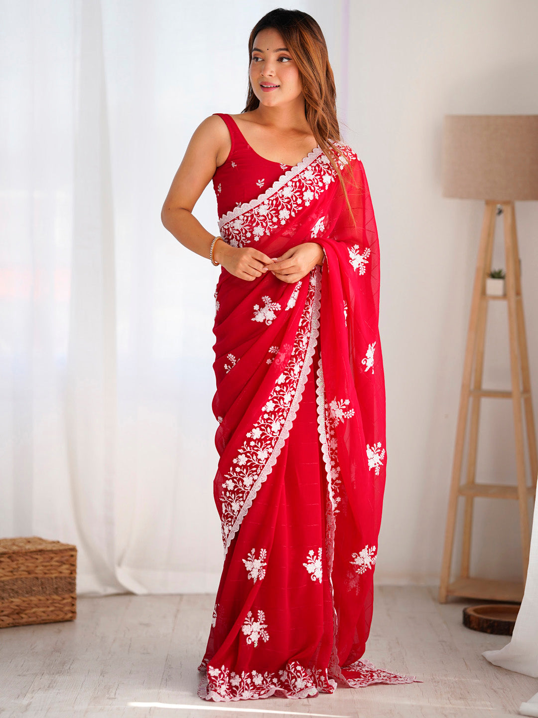 Women's Georgette Red Embellished Designer Saree With Blouse Piece
