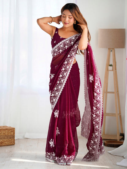 Women's Georgette Magenta Embellished Designer Saree With Blouse Piece