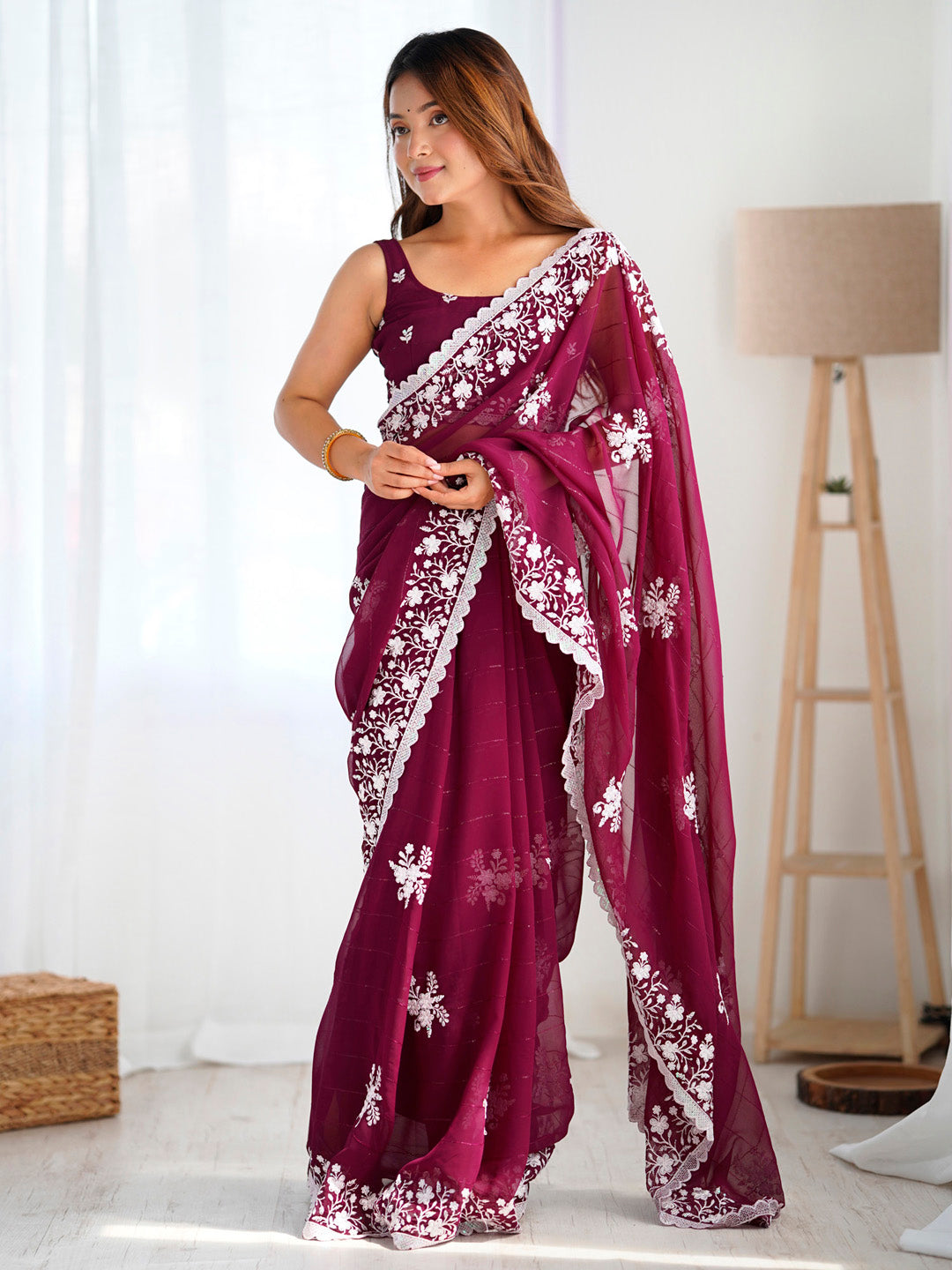 Women's Georgette Magenta Embellished Designer Saree With Blouse Piece