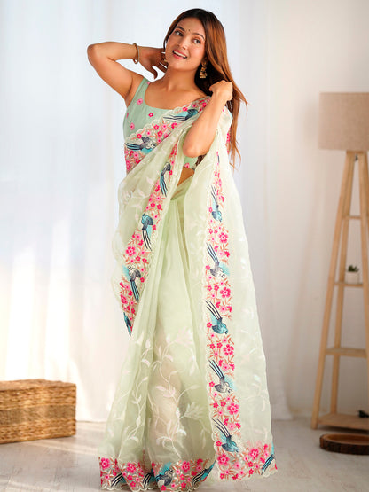 Women's Organza Light Green Embroidered Designer Saree With Blouse Piece