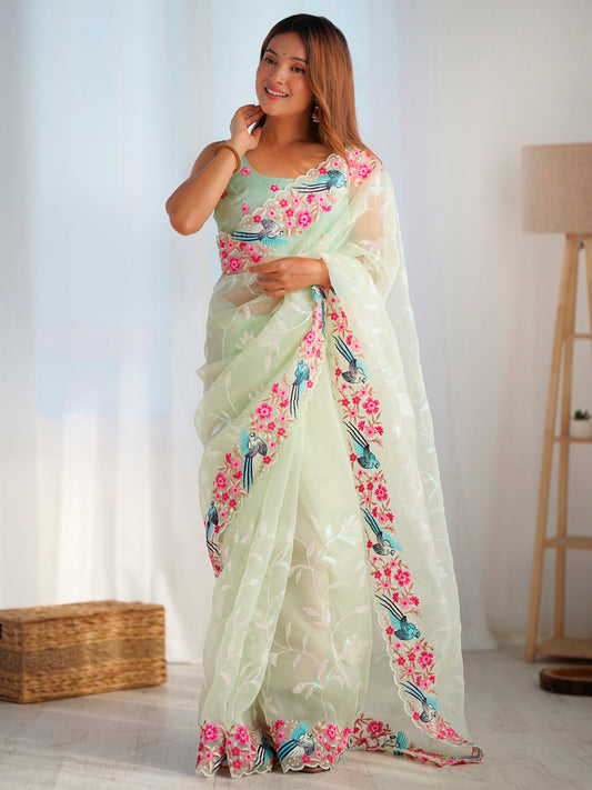 Women's Organza Light Green Embroidered Designer Saree With Blouse Piece