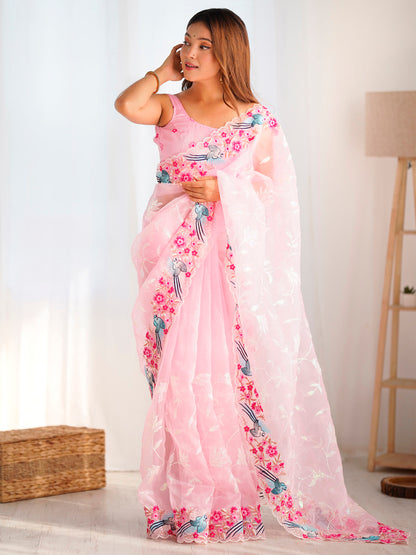 Women's Organza Pink Embroidered Designer Saree With Blouse Piece