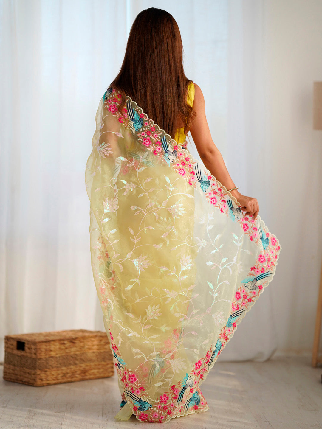 Women's Organza Yellow Embroidered Designer Saree With Blouse Piece