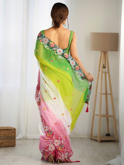 Women's Georgette Pink Embellished Designer Saree With Blouse Piece