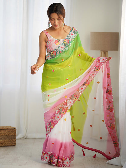 Women's Georgette Pink Embellished Designer Saree With Blouse Piece