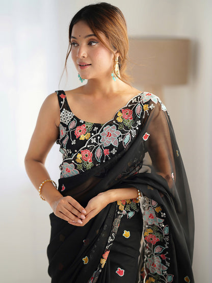 Women's Georgette Black Embellished Designer Saree With Blouse Piece