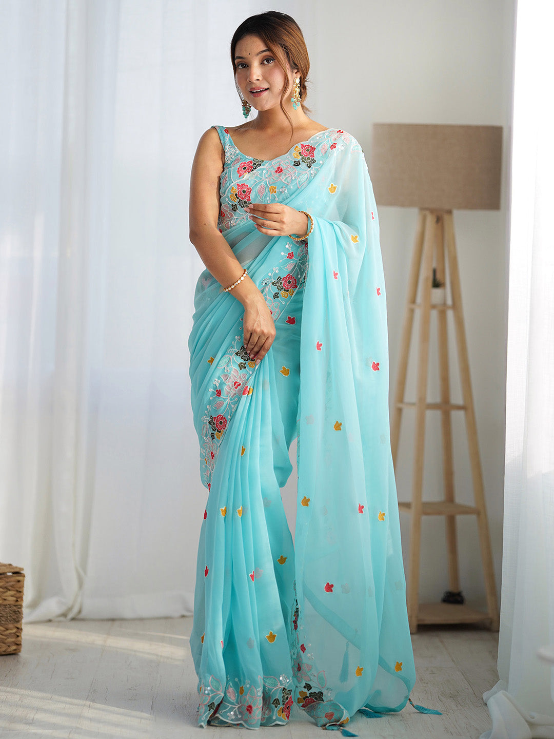 Women's Georgette Light Blue Embellished Designer Saree With Blouse Piece