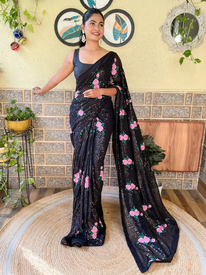 Women's Georgette Black Embellished Designer Saree With Blouse Piece