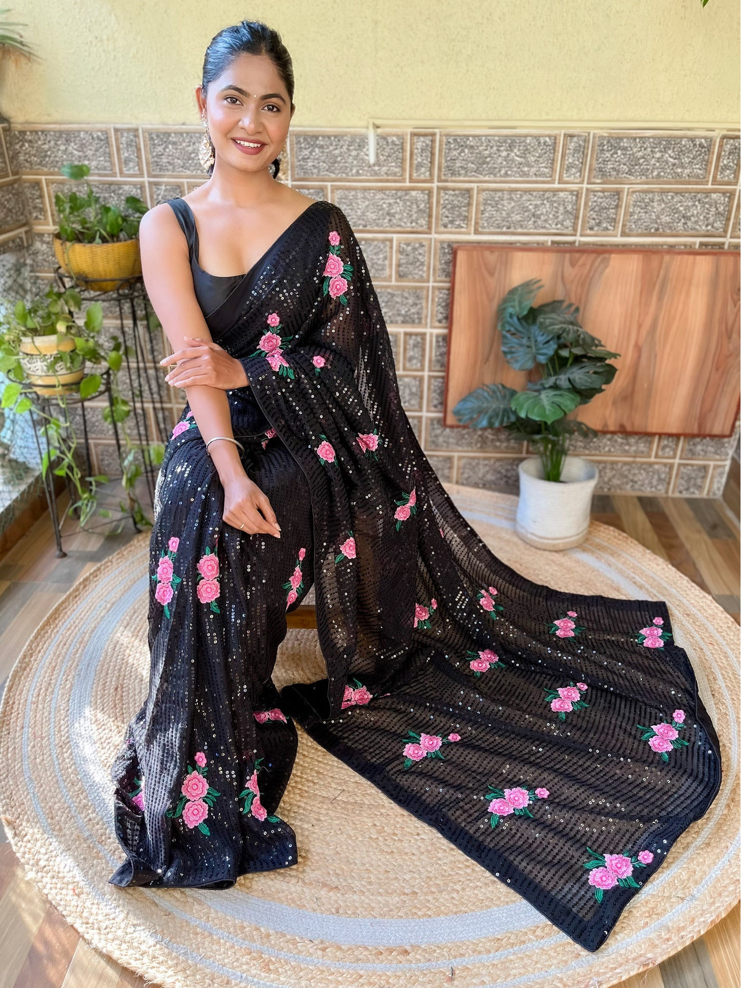 Women's Georgette Black Embellished Designer Saree With Blouse Piece