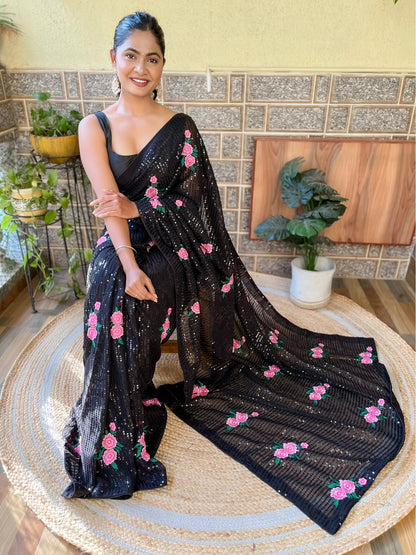Women's Georgette Black Embellished Designer Saree With Blouse Piece