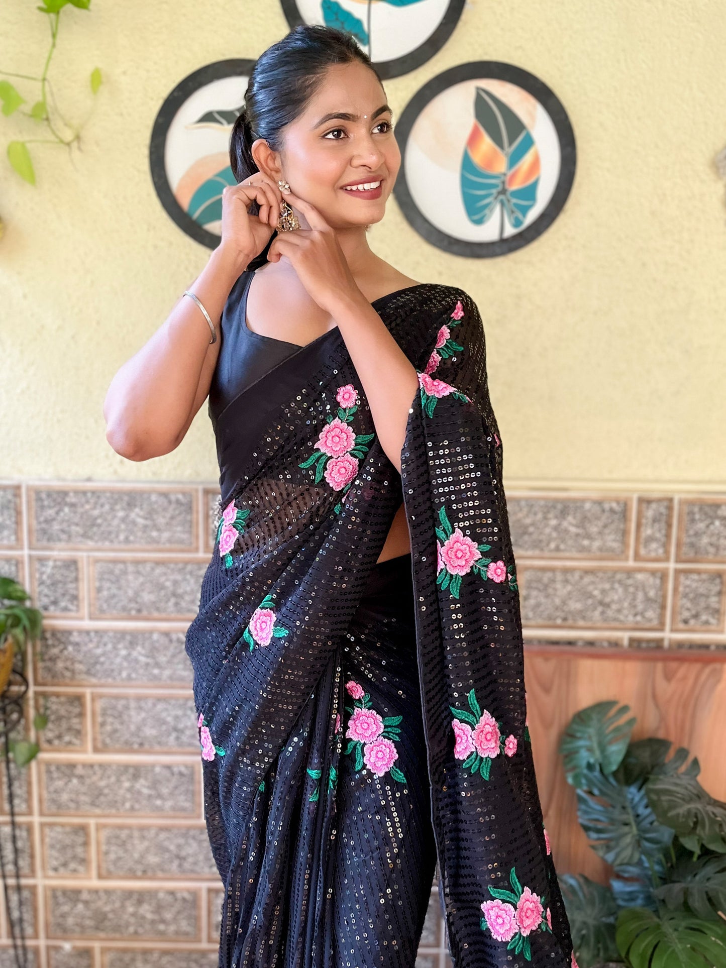 Women's Georgette Black Embellished Designer Saree With Blouse Piece