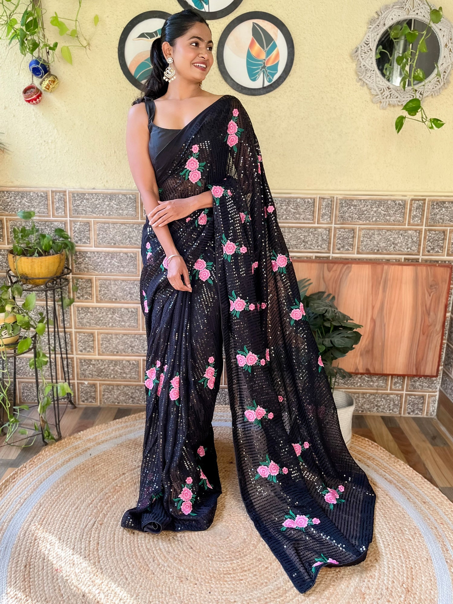 Women's Georgette Black Embellished Designer Saree With Blouse Piece