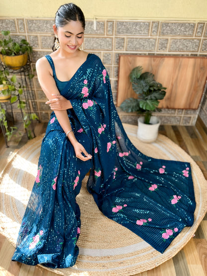 Women's Georgette Magenta Embellished Designer Saree With Blouse Piece