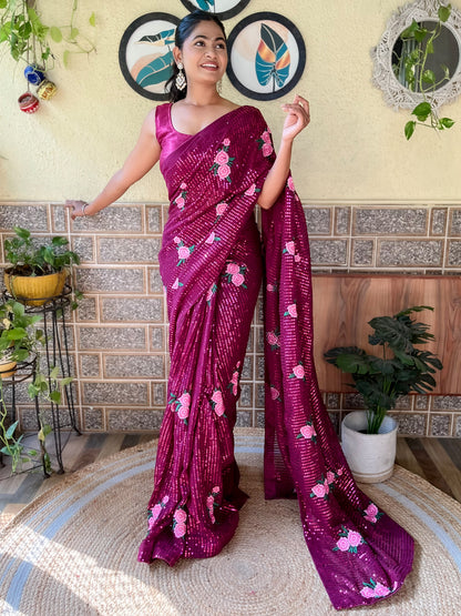 Women's Georgette Pink Embellished Designer Saree With Blouse Piece