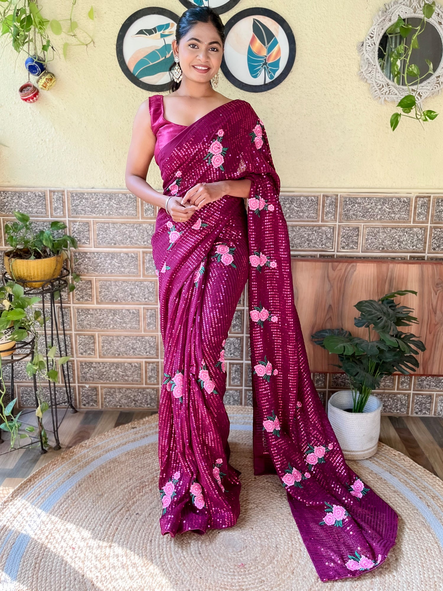 Women's Georgette Pink Embellished Designer Saree With Blouse Piece