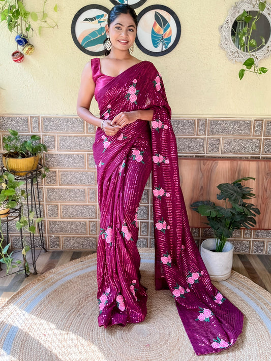 Women's Georgette Pink Embellished Designer Saree With Blouse Piece