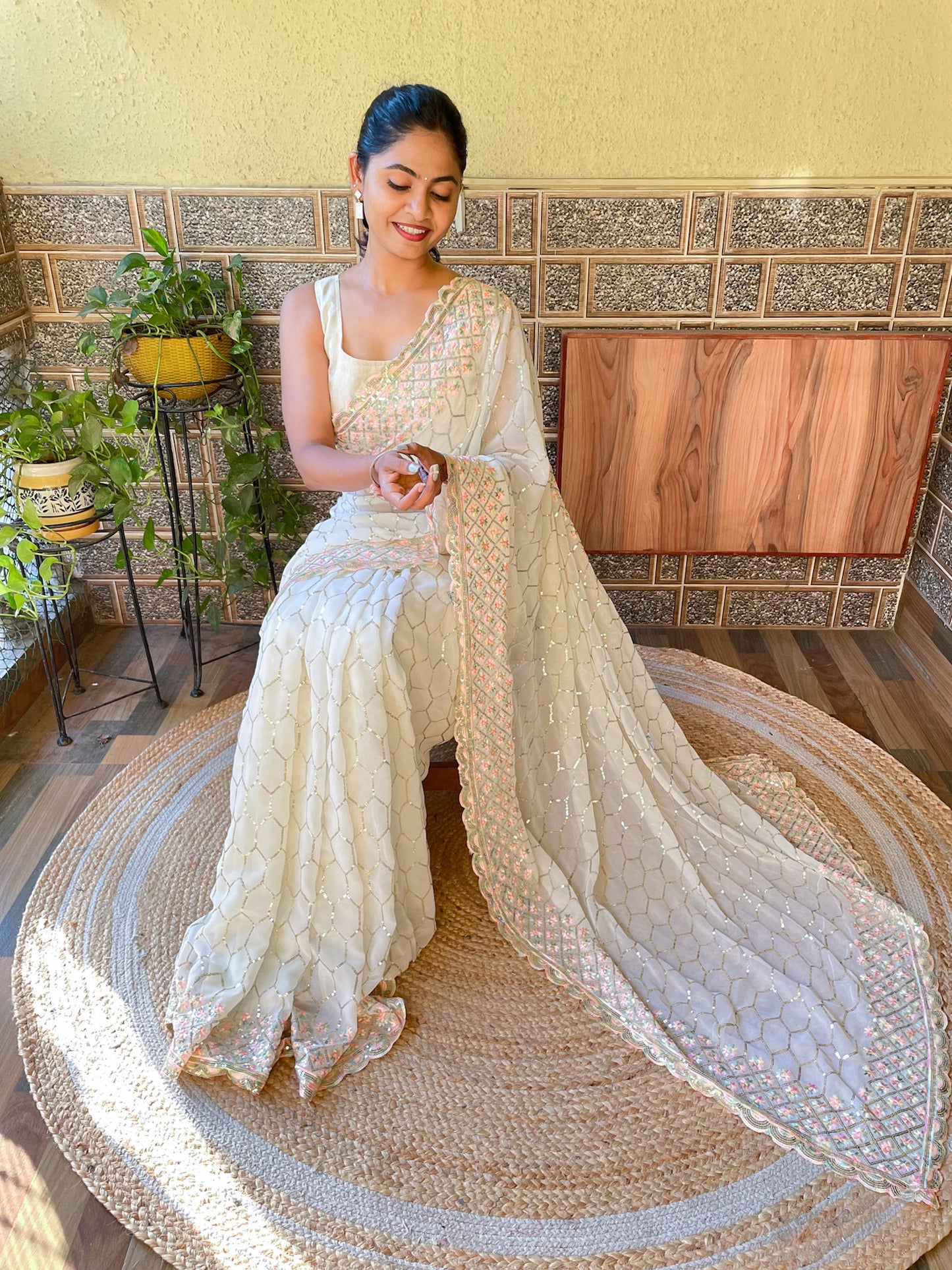 Women's Georgette Off White Embellished Designer Saree With Blouse Piece