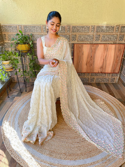 Women's Georgette Off White Embellished Designer Saree With Blouse Piece