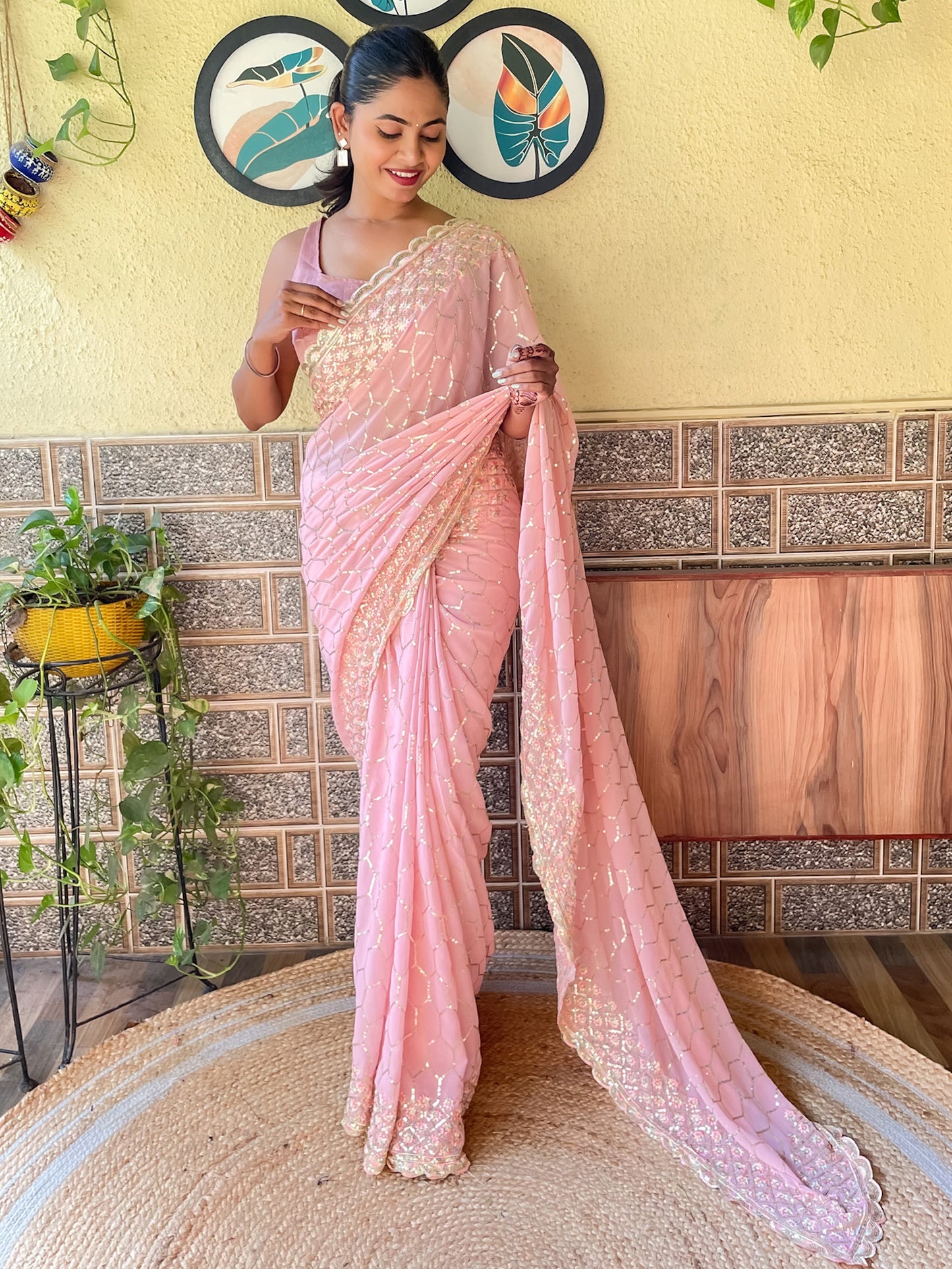 Women's Georgette Rose Gold Embellished Designer Saree With Blouse Piece