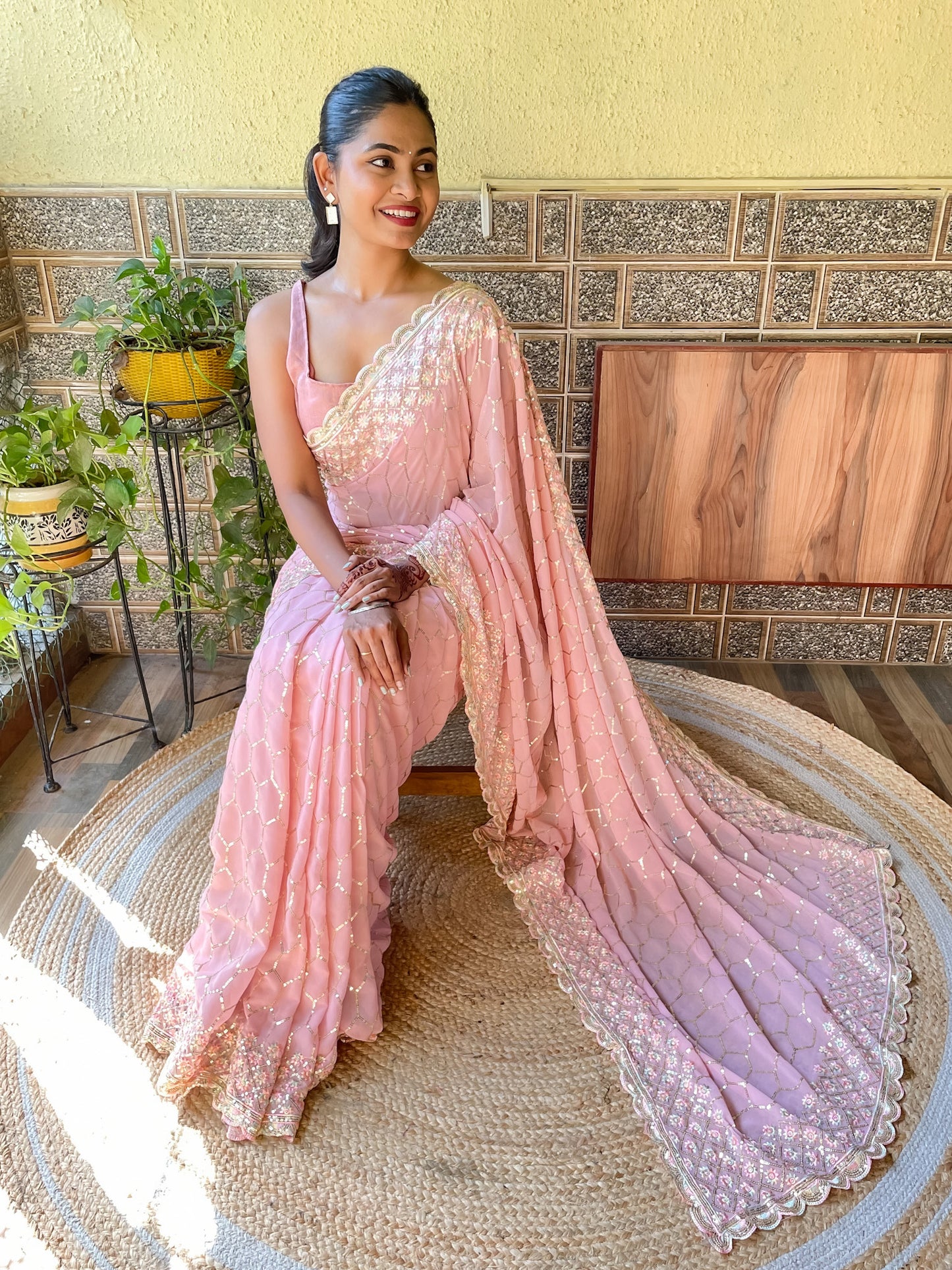 Women's Georgette Rose Gold Embellished Designer Saree With Blouse Piece