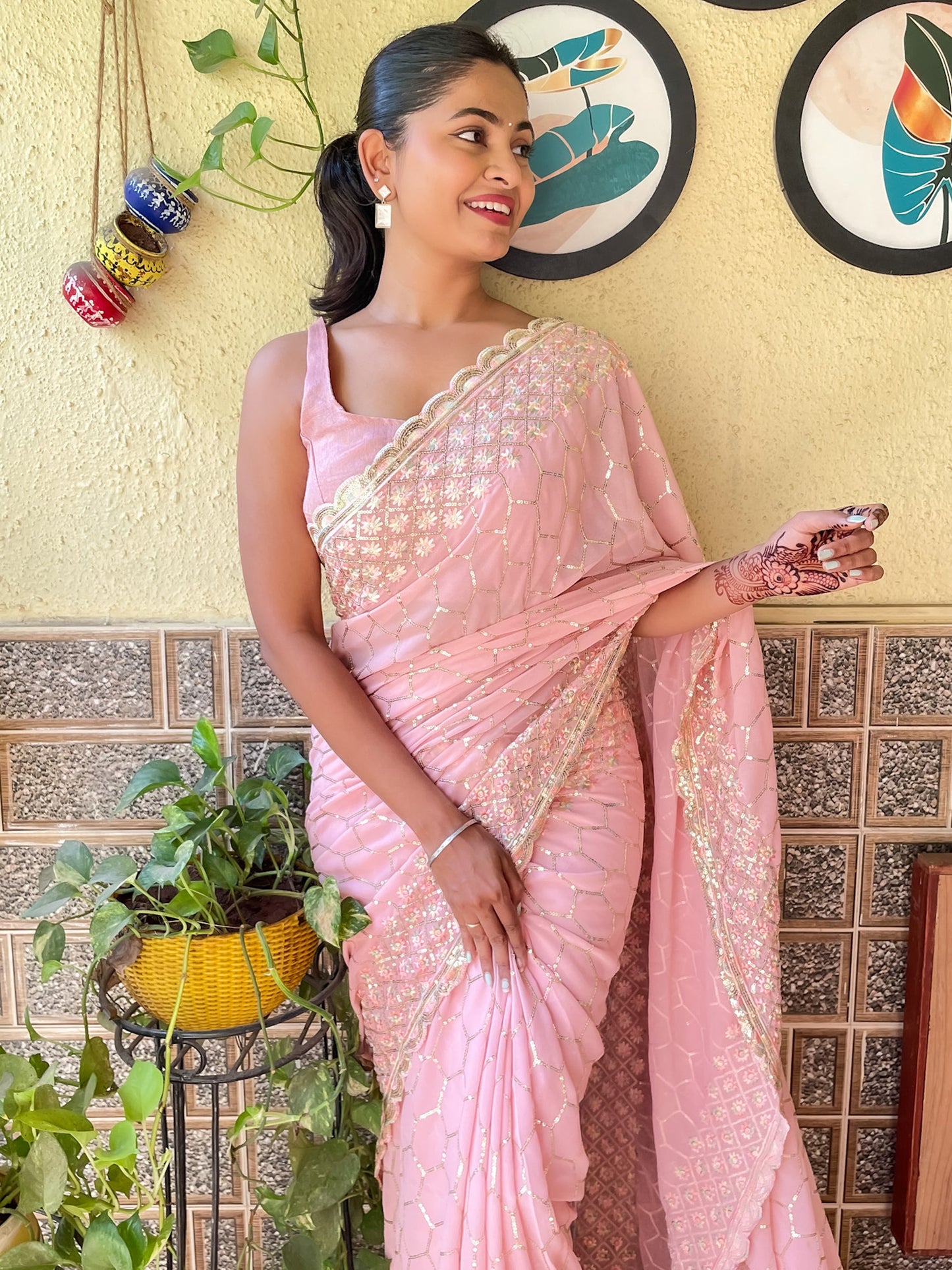 Women's Georgette Rose Gold Embellished Designer Saree With Blouse Piece