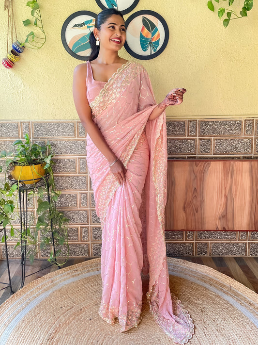 Women's Georgette Rose Gold Embellished Designer Saree With Blouse Piece
