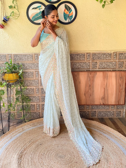 Women's Georgette Light Blue Embellished Designer Saree With Blouse Piece