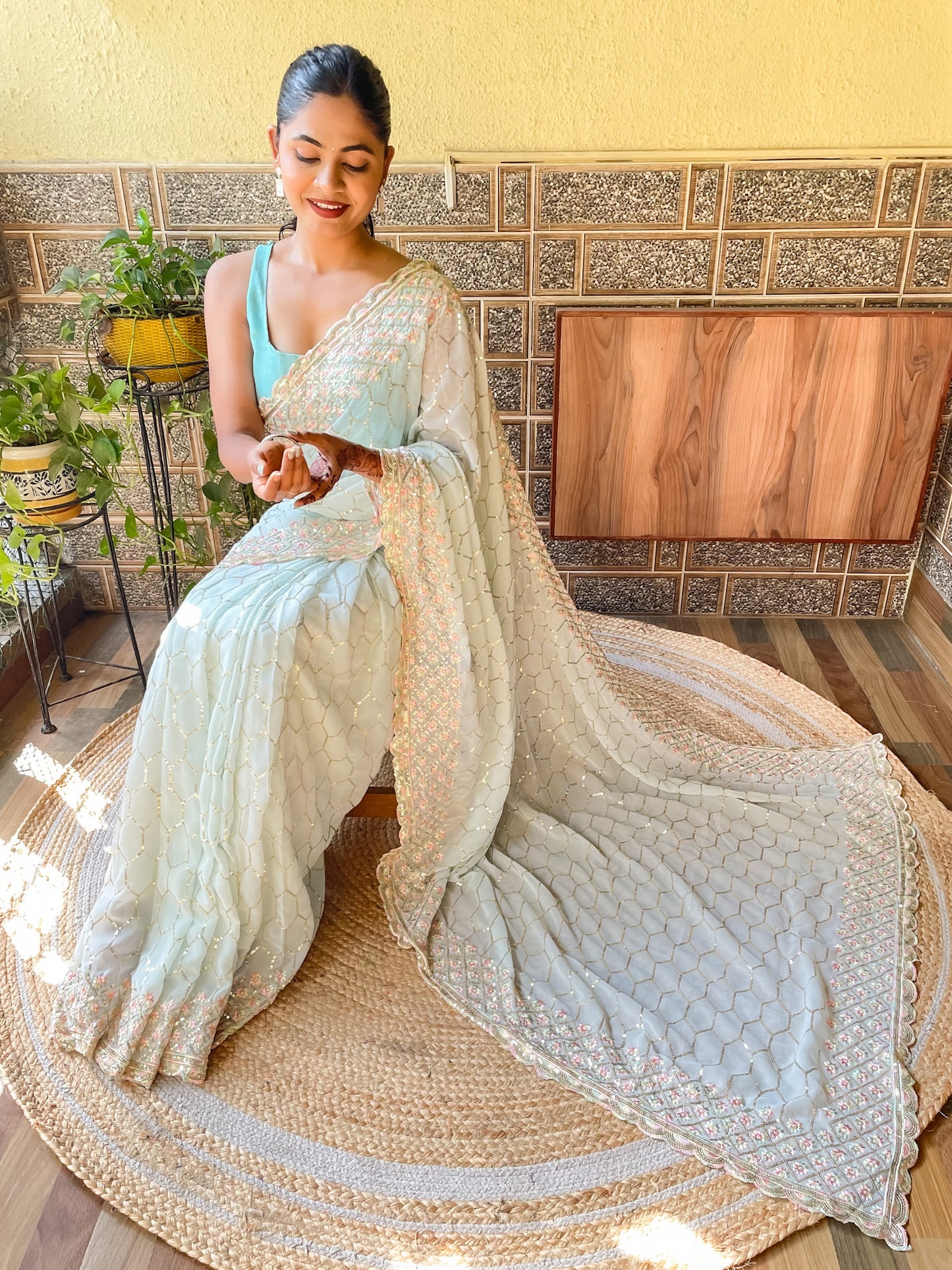 Women's Georgette Light Blue Embellished Designer Saree With Blouse Piece