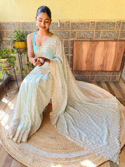 Women's Georgette Light Blue Embellished Designer Saree With Blouse Piece