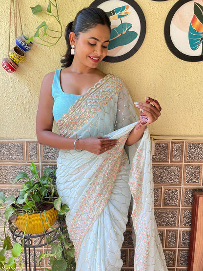 Women's Georgette Light Blue Embellished Designer Saree With Blouse Piece