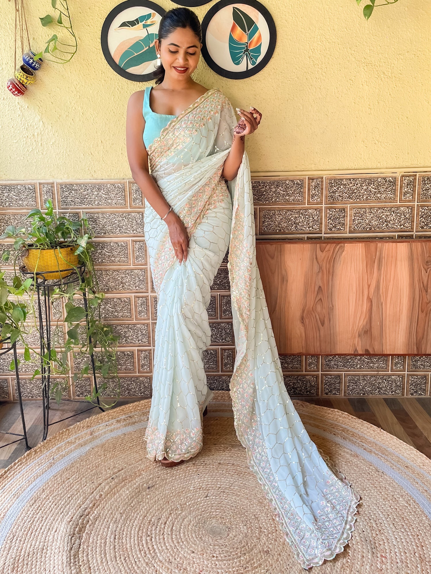 Women's Georgette Light Blue Embellished Designer Saree With Blouse Piece