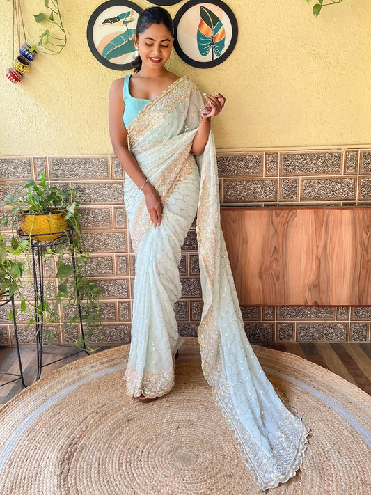 Women's Georgette Light Blue Embellished Designer Saree With Blouse Piece