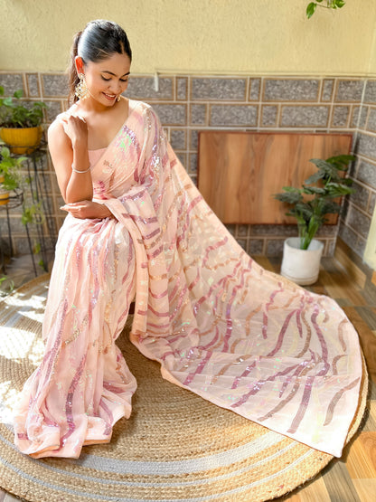 Women's Georgette Cream Embellished Designer Saree With Blouse Piece