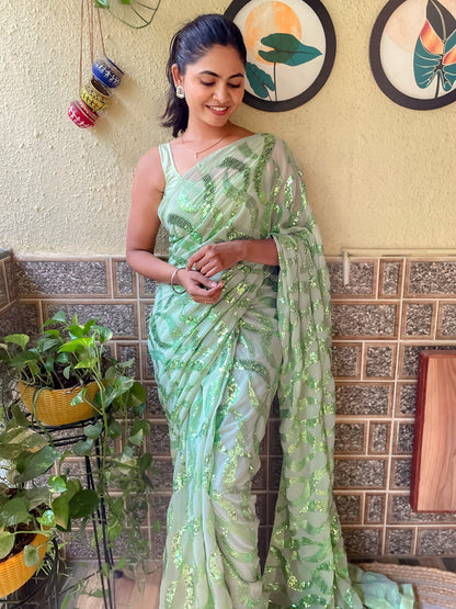 Women's Georgette Light Green Embellished Designer Saree With Blouse Piece