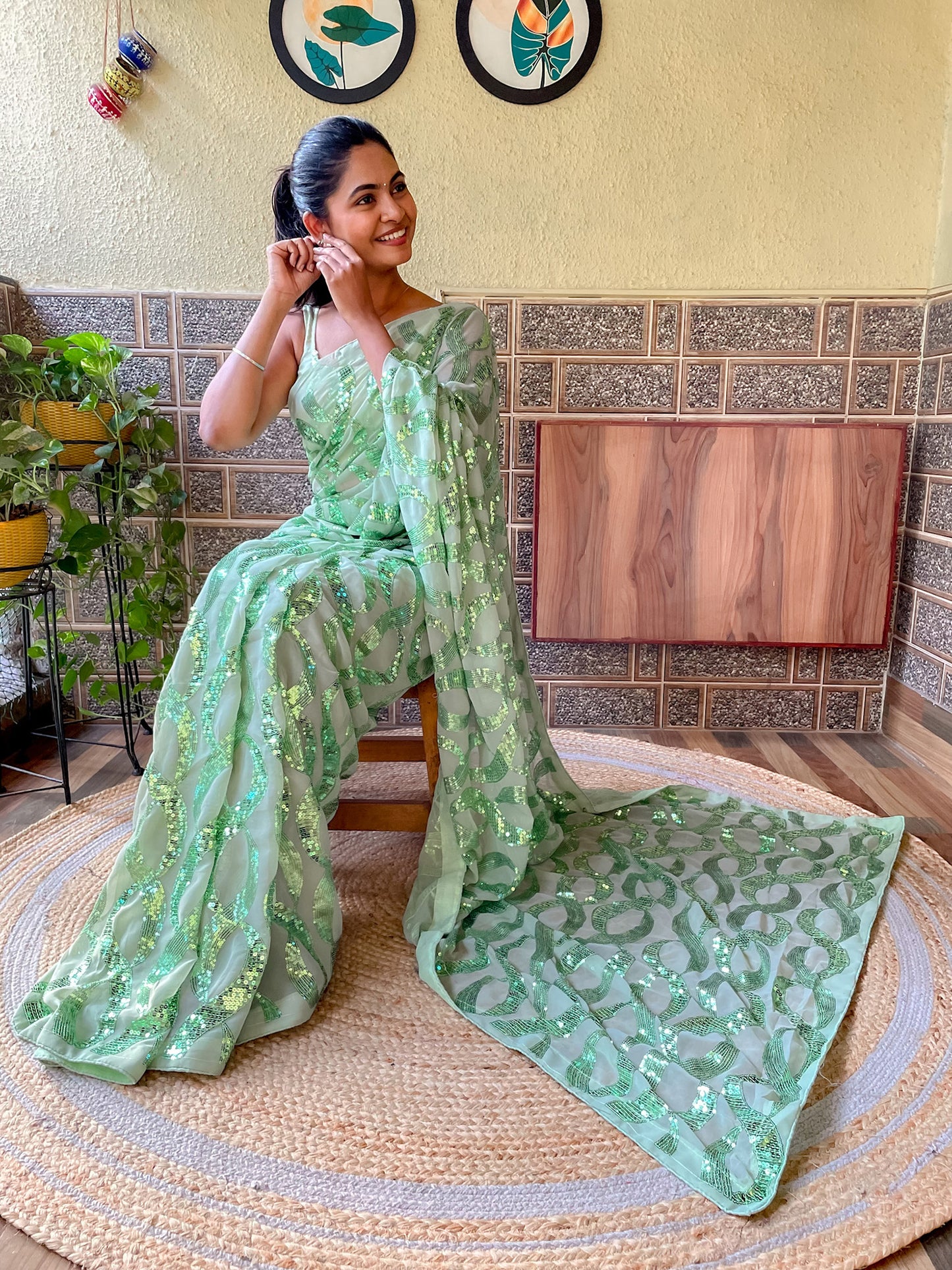 Women's Georgette Light Green Embellished Designer Saree With Blouse Piece