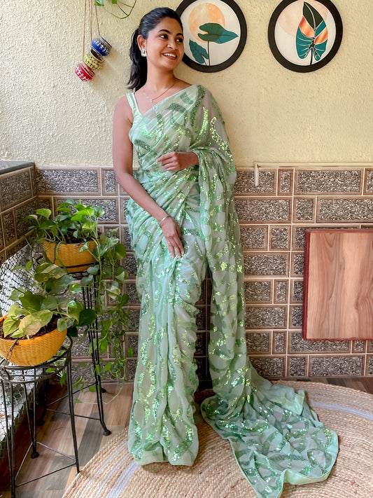 Women's Georgette Light Green Embellished Designer Saree With Blouse Piece