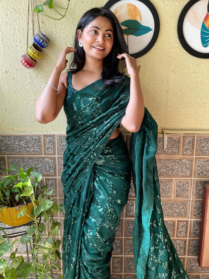 Women's Georgette Green Embellished Designer Saree With Blouse Piece