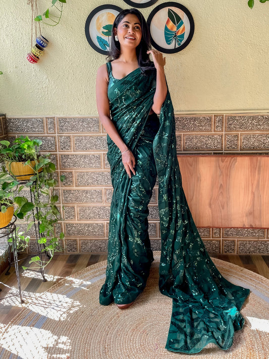 Women's Georgette Green Embellished Designer Saree With Blouse Piece