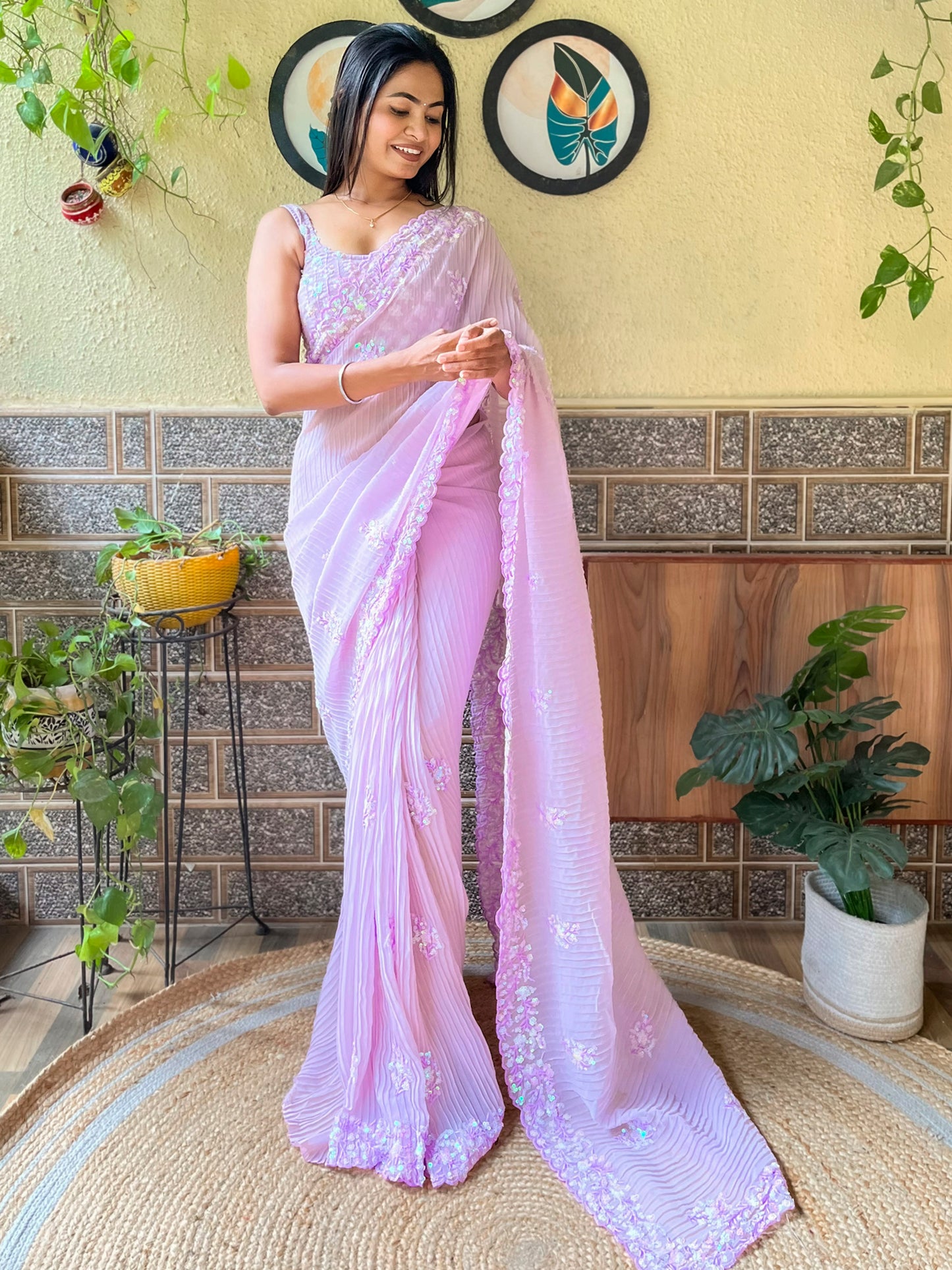 Women's Georgette Lavendar Embellished Designer Saree With Blouse Piece