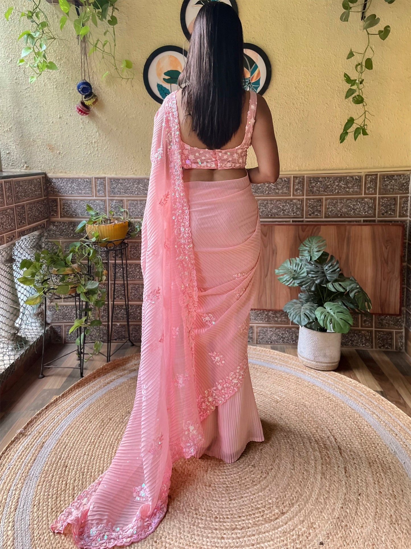 Women's Georgette Pink Embellished Designer Saree With Blouse Piece