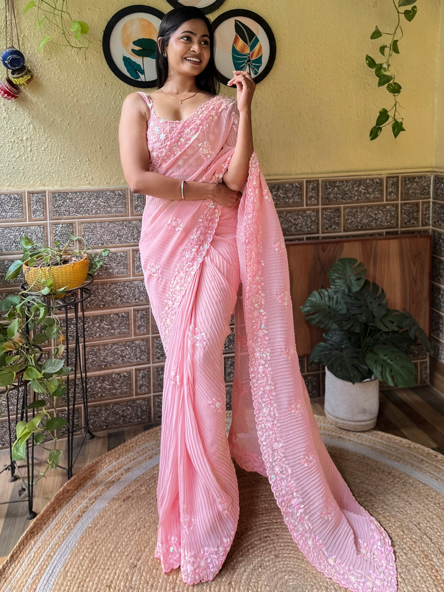 Women's Georgette Pink Embellished Designer Saree With Blouse Piece