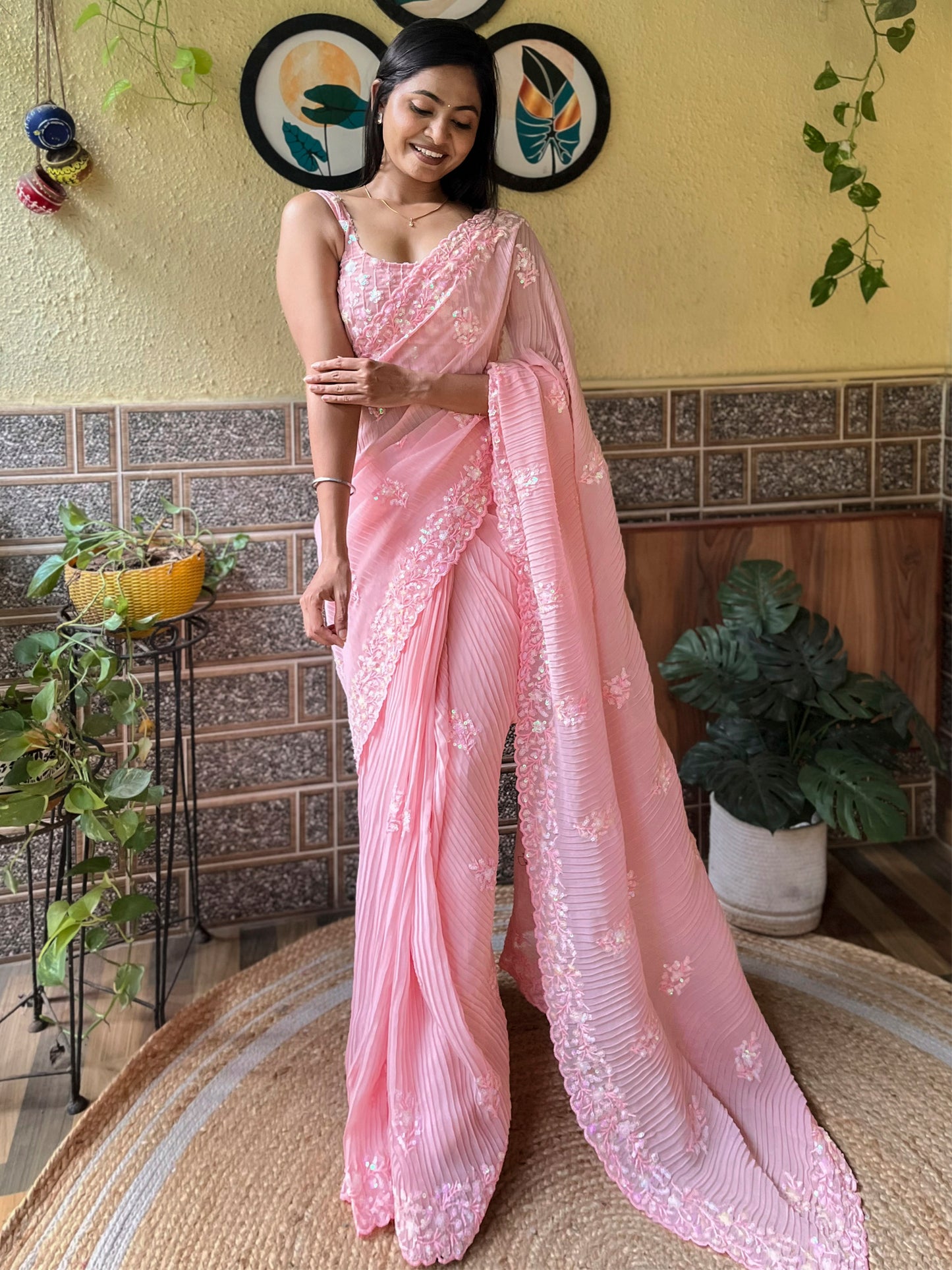 Women's Georgette Pink Embellished Designer Saree With Blouse Piece