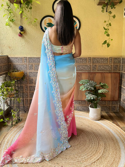 Women's Georgette Light Blue Embellished Designer Saree With Blouse Piece