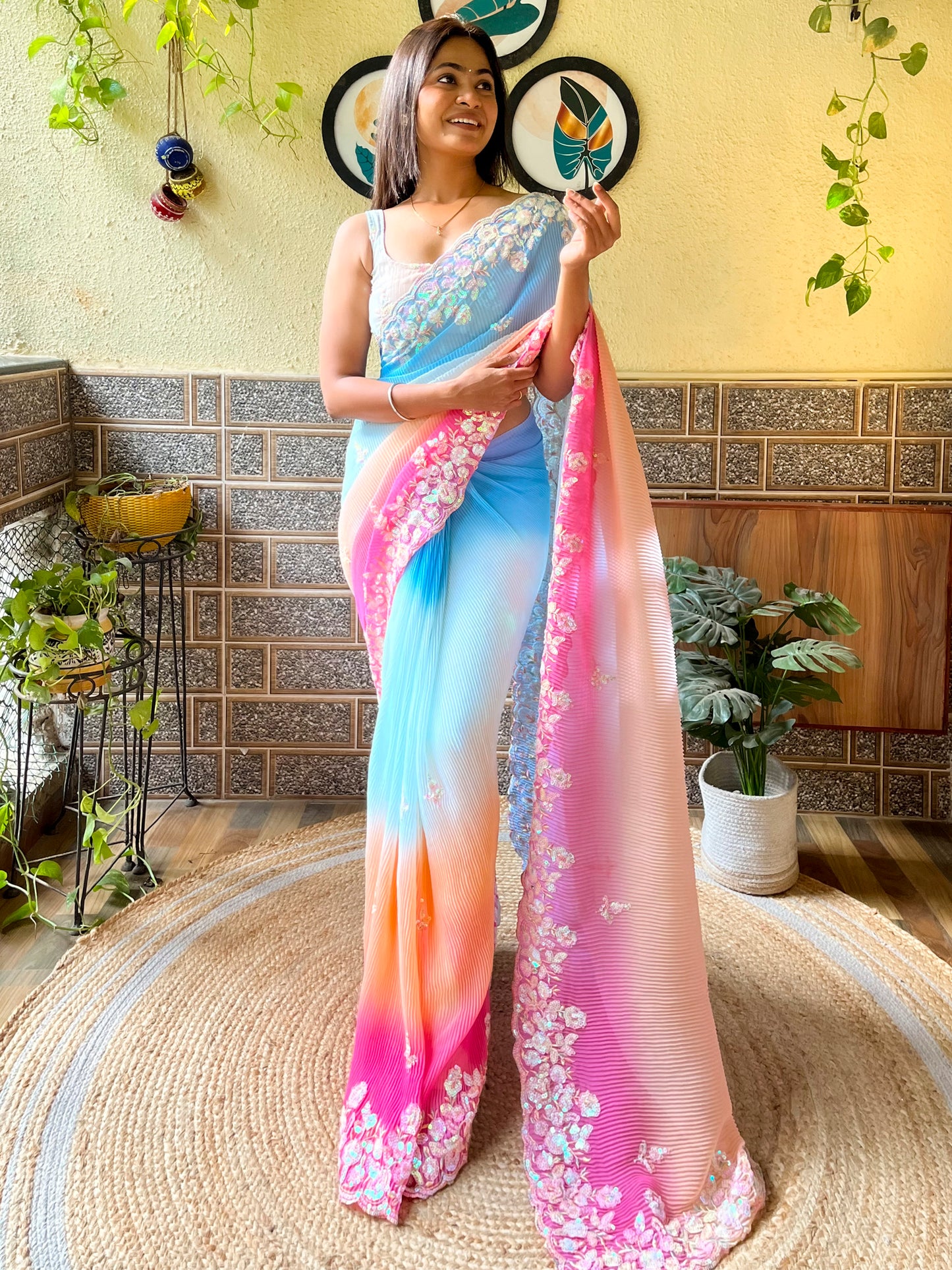 Women's Georgette Light Blue Embellished Designer Saree With Blouse Piece