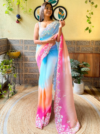 Women's Georgette Light Blue Embellished Designer Saree With Blouse Piece