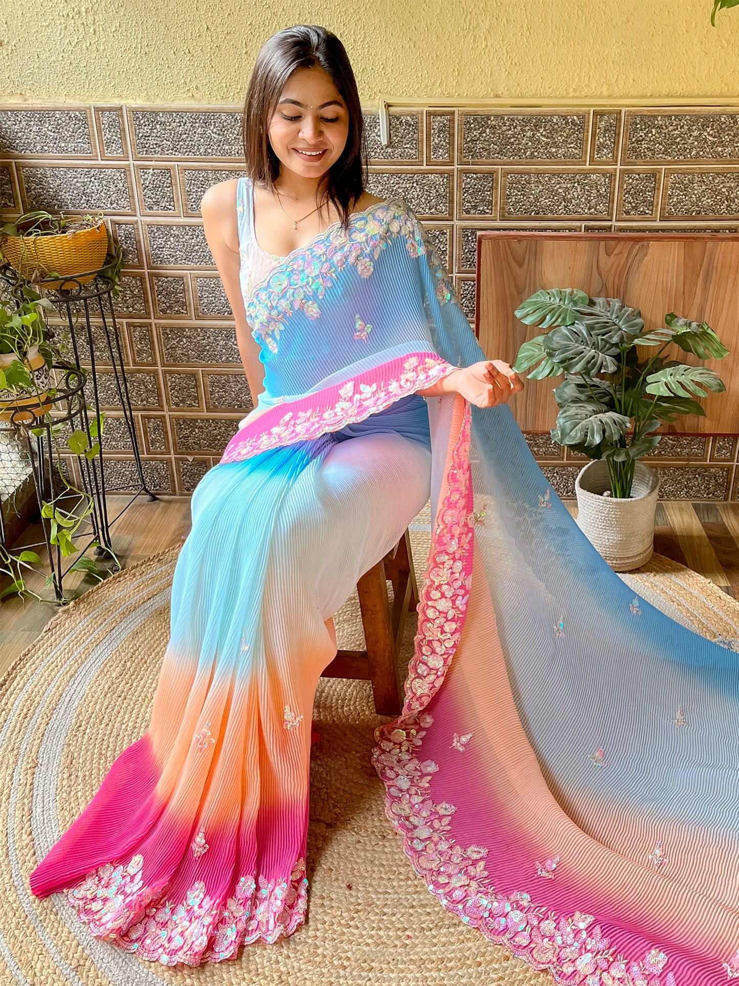 Women's Georgette Light Blue Embellished Designer Saree With Blouse Piece