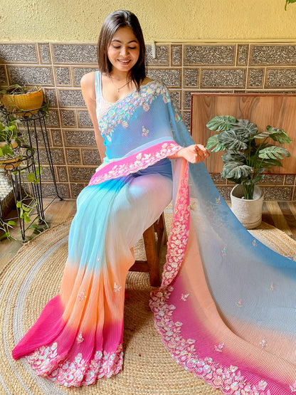 Women's Georgette Light Blue Embellished Designer Saree With Blouse Piece