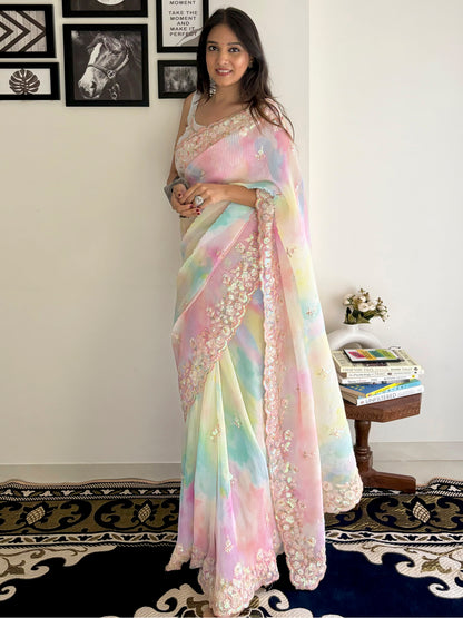 Women's Georgette Multicolored Embellished Designer Saree With Blouse Piece