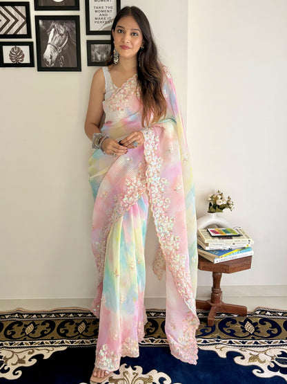 Women's Georgette Multicolored Embellished Designer Saree With Blouse Piece