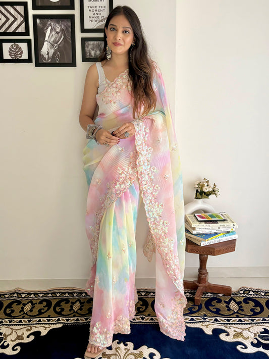 Women's Georgette Multicolored Embellished Designer Saree With Blouse Piece